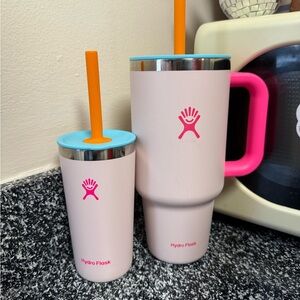Hydro Flask Pink Tumbler Set with Orange Straws. 32 oz and 12 oz